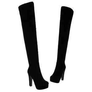 H & M Thigh High Platform Boots Stretch Faux Suede Black 10